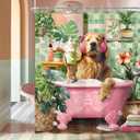 Riyidecor Funny Dog Shower Curtain,Kids Cute Fun Pet in Bathtub,Tropical Leaves Palm Leaf Plant Greenery Hilarious Bubbles Bathroom Decor Fabric Polyester Waterproof 12 Pack Hooks 60Wx72H Inch