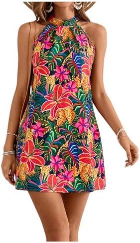 Floerns Women's Sleeveless Floral Print Sundress Halter Neck A Line Short Dress