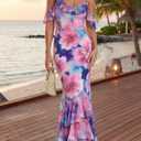Wenrine Womens Summer Floral Maxi Dress Mesh Spaghetti Strap One Shoulder Casual Ruffle Mermaid Bodycon Party Dresses (Pink)