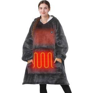 THREE POODLE Heated Wearable Blanket Hoodie, Oversized Sherpa Electric Hoodie Blanket, Gifts for Women(Battery Not Included) (Dark Gray)