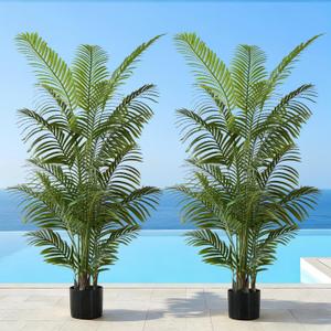 FloraFairy 6FT Tall Artificial Palm Trees, Potted Plant (2 Pack) Tropical Areca Palm, UV Resistant Indoor/Outdoor Fake Plant in Black Cement Pot, Realistic Decor for Patio, Living Room, Office