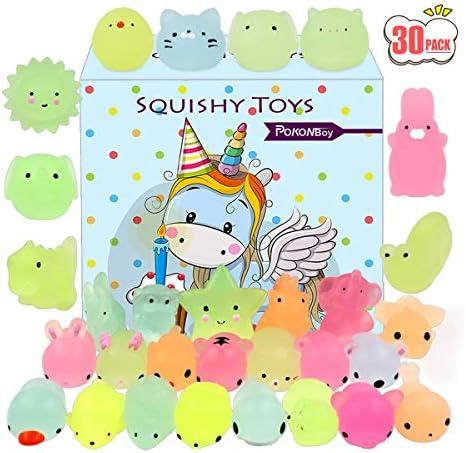 POKONBOY Mochi Squishy Toys Glow in The Dark for Party Favors - 30 Pack Mini Kawaii Cute Animal Squishies Stress Relief Squishy Animals Mochi Cat Squishy with Gift Box