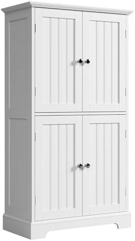 ChooChoo Bathroom Floor Cabinet, Modern Bathroom Storage Cabinet with 4 Doors and Adjustable Shelves, Freestanding Cupboard for Living Room, White
