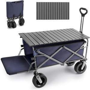 Rengue Collapsible Wagon Carts with Table Foldable,300Lbs Capacity 43" Extra Long Extender Tailgate Design,Heavy Duty Beach Wagon with Big Wheels for Outdoor Camping,Sports,Shopping,Beach