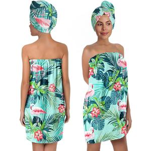 Flamingo Palm Leaves Print Body Bath Towel Wrap & Hair Towel Wrap for Women Girls, Soft Bath Shower Wrap & Hair Drying Towel Set, Quick Dry, Absorbent, Suitable for Spa, Shower, Bath, Gym, Pool, L