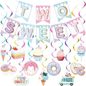 25 Pcs Two Sweet Donut Birthday Party Decorations Include Two Sweet Banner 24 Ice Cream and Donut Party Hanging Streamers 2nd Birthday Decorations for Girl