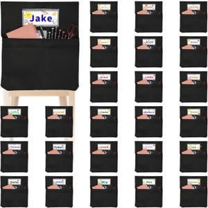24 PCS Chair Pockets for Classroom, 20 x 17 Inch Extra Large Seat Sacks with Name Tags, Heavy-Duty Oxford Fabric Chair Organizers for School, Home, Office Black