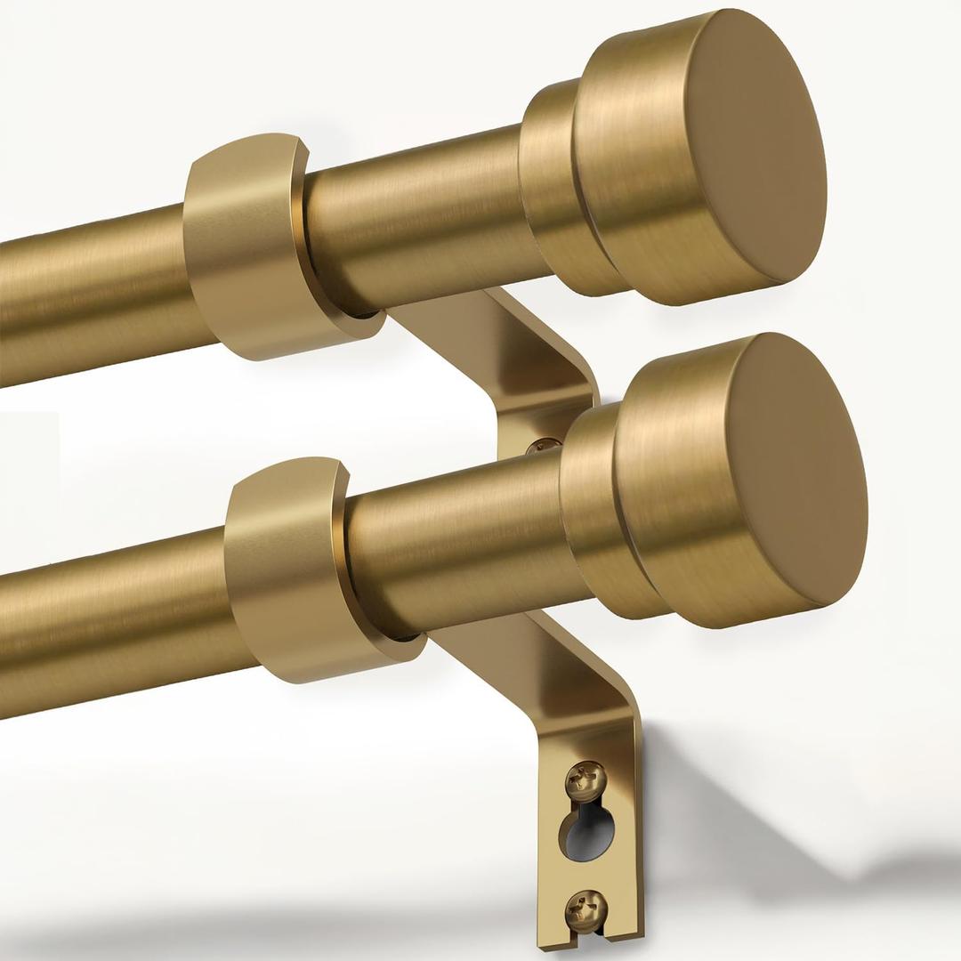 Lootkell 2 Pack Warm Gold Curtain Rods for Windows 72 to 144 Adjustable Length Heavy Duty 1" Diameter Brass Window Rod with Solid Metal Finials for Outdoor Farmhouse Bedroom Kitchen Living Room
