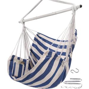 ADVOKAIR Hammock Chair Swing (500 lbs Max) - Hanging Hammock Chair Rope Swing Indoor for Bedroom, Outdoor, Patio, Bedroom, Porch, Deck - Sturdy Steel Bar with Anti-Slip Safety Rings (A Blue and White)