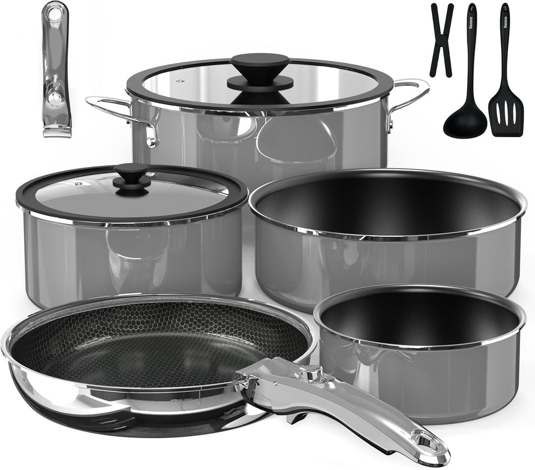 Pro DUXANO 12PC Nonstick Pots and Pans Set&Hybrid 3-Ply Stainless Steel Skillet, High Heat Sear&Fry, 2-Layer Ceramic Induction Cookware, 9H Scratch-Resistant&Anti-Warp,PFAS Free,All Cooktop/Dishwasher (Charcoal Gray)