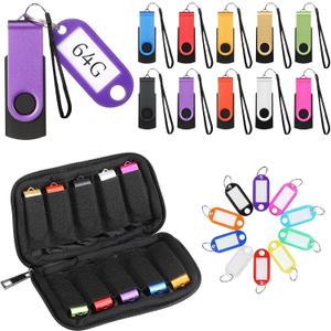 Coume 10 Pack Flash Drives Zip Drives with Lanyards, Key Tags and Storage Case Metal USB 2.0 Thumb Drive Multi Pack Bulk Swivel Memory Colorful Portable Keychain for Data Storage (64GB)