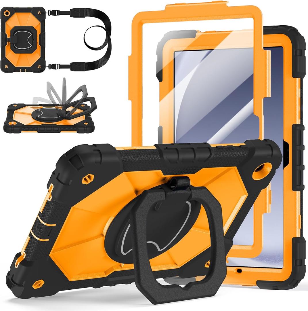 Case for Samsung Galaxy Tab A9 Plus 11 Inch 2023(SM-X210/X216/X218), Auorld Rugged Case for Samsung Galaxy A9+ Tablet with Screen Protector 360 Rotating Stand Shoulder Strap Pen Holder, Black Orange