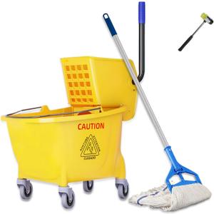 Commercial Mop Bucket with Side Press Wringer on Wheels,Industrial Heavy Duty Mop ldeal for Household and Public Places Floor,35-Quart(Yellow)