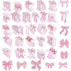 Kingsow Pink Bow Letter Patches: 68PCS Pink Coquette Bowcore Girly Aesthetic Iron-On Patches - Cute Ribbon Bows Embroidery Patches for Backpacks Clothing Hats Jackets Decor