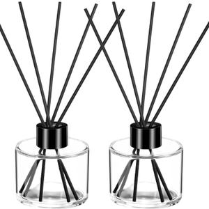 Chunful 2 Sets Reed Diffuser Bottle Empty Refillable Fragrance Glass Diffuser Bottles 100ml Round Glass Jars with Black Caps and Rattan Sticks for Living Room Home Replacement Fragrance DIY Decor (Clear)