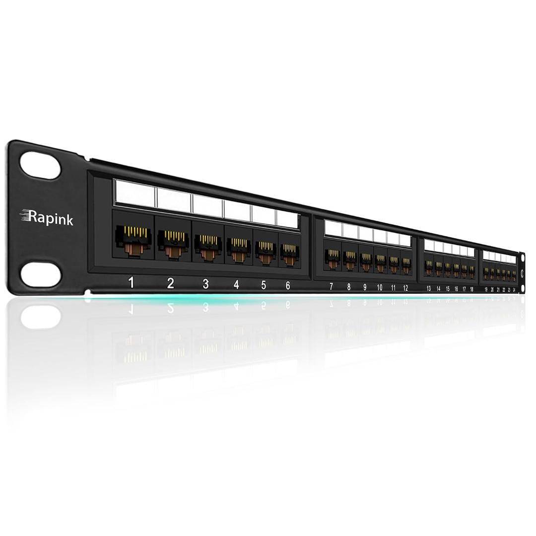Rapink Patch Panel 24 Port Cat6 10G Support, Network Panel UTP 19-Inch, Wallmount or Rackmount 1U Ethernet Patch Panel Punch Down Block for Cat6, Cat5e, Cat5 Cabling