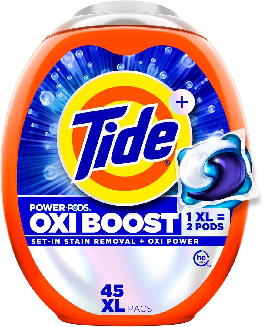 Tide Oxi Boost Power PODS Laundry Detergent Pacs, 45 Count, Set-In Stain Removal + Oxi Power, laundry soap detergent pacs