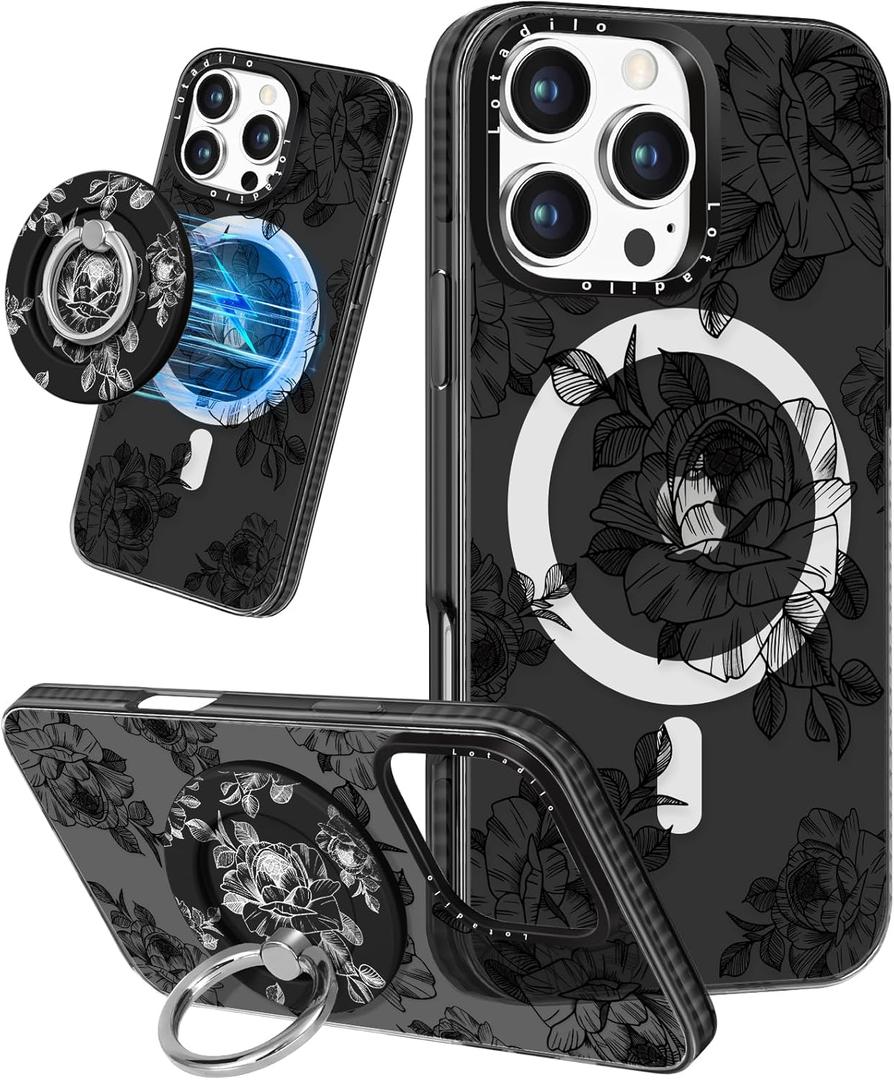 Cute Case for iPhone 16 Pro Max for Women Girls - Funny Black Flower Design Compatible with Magsafe Magnetic Ring Holder Kickstand Fashion TPU Phone Covers