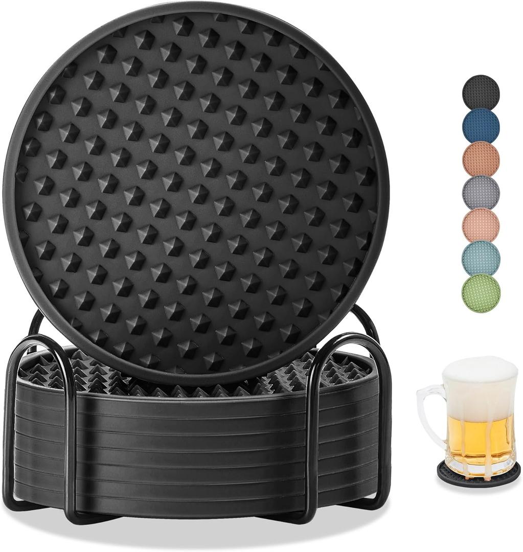 Coasters for Drinks, Silicone Coasters Set of 8 with Metal Holder, Outdoor Coaster for Coffee Table, Non-Slip Rubber Table Cup Mat Desk, Heat Resistant & Scratch-Proof (Black)