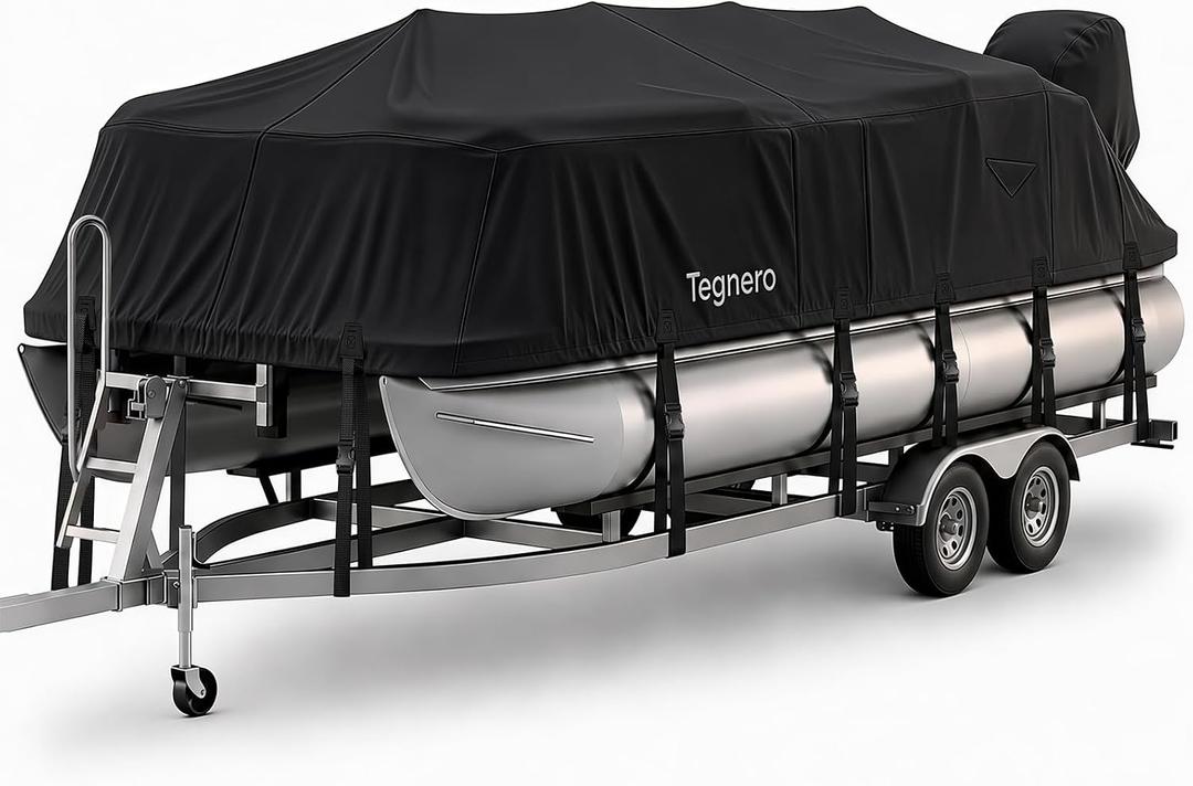 1200D Pontoon Boat Cover 21–24ft,with 16 Adjustable Tie Down Straps, Black