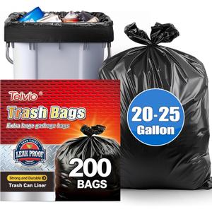 Teivio Black Trash Bags 20-25 Gallon 200 Count | Large Multipurpose | Fit 15,16,18,20,21,23,25 gallon Garbage Bin Liner | Kitchen | Lawn And Leaf Bags Outdoor Yard Waste Bag | Workshops Trash