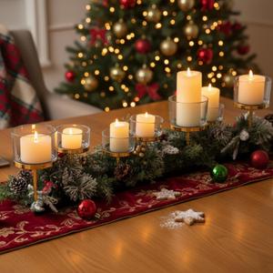 Mumufy 7 Pillar Candle Holder for Table Centerpiece, Votive Hurricane Candle Holder, 7 Tealight Holders with Metal Tray for Anniversaries Wedding Dining Table Decorations(Gold)