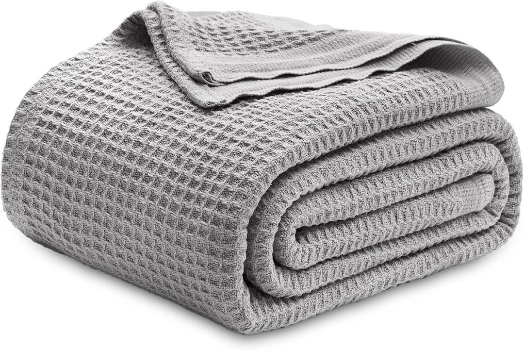 Bedsure 100% Cotton Blanket Queen Size for Bed - Breathable and Soft, Waffle Weave Blanket for Summer Spring, Grey, 90x90 Inches (Queen (90" x 90"), 04 - Grey)