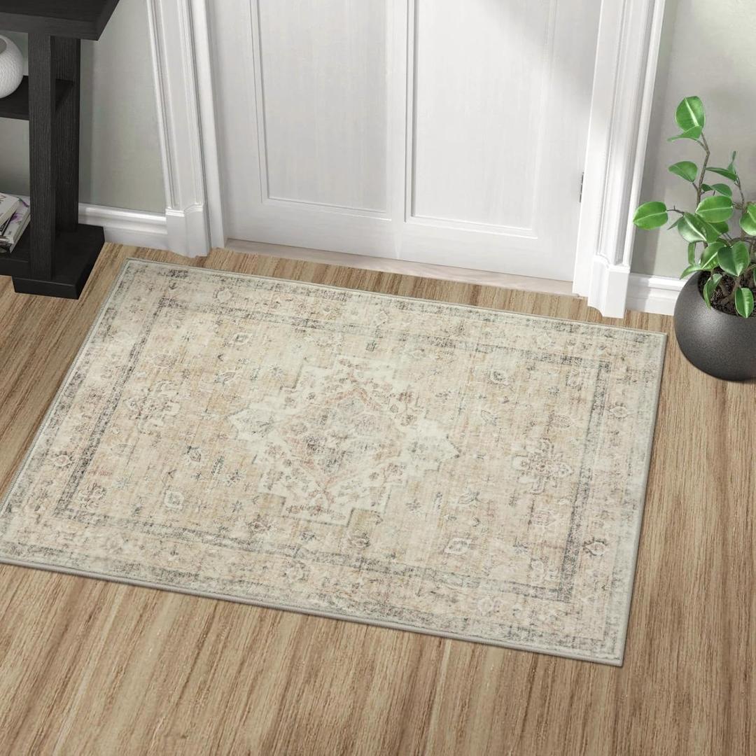 LIVEBOX Washable Rug 2x3 Kitchen Mats for Floor Entryway, Non Slip Front Door Mat for Bathroom Hallway, Boho Low-Pile Small Carpet Farmhouse Throw Indoor Rugs for Bath Sink, Tan (2'x3', Tan)