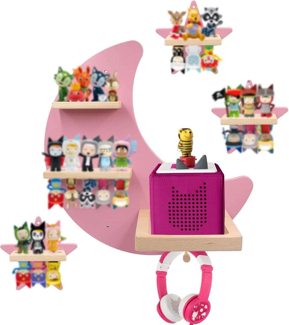 for Toniebox Starter Tonie Shelf Wall Mounted Set of 4 (Moon and 3 Stars),Tonies Figures Tonies Storage,Magnetic Wooden Floating Shelves Compatible with Tonie box Player Character for Children Room