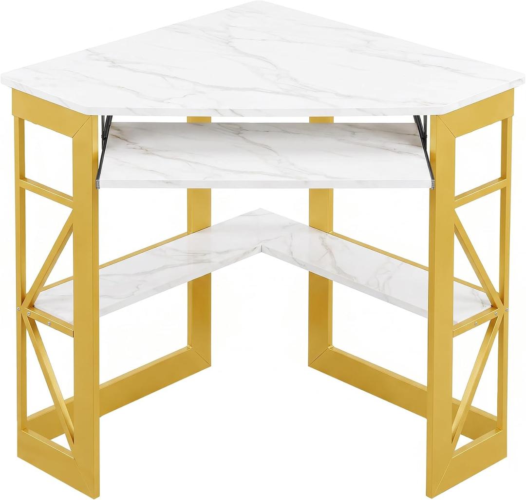 VECELO Corner Computer Desk 41 x 30 inches with Smooth Keyboard & Storage Shelves for Home Office Workstation, White & Gold