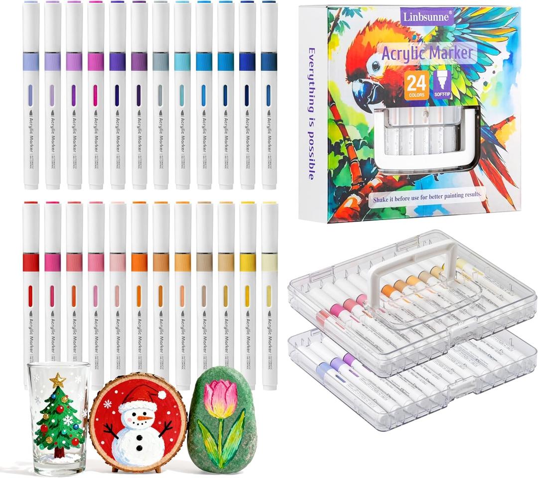 Linbsunne Paint Markers for Book Drawing, Coloring Illustrations, Ceramics, Card making, Note taking Planner,Set of 24 colors