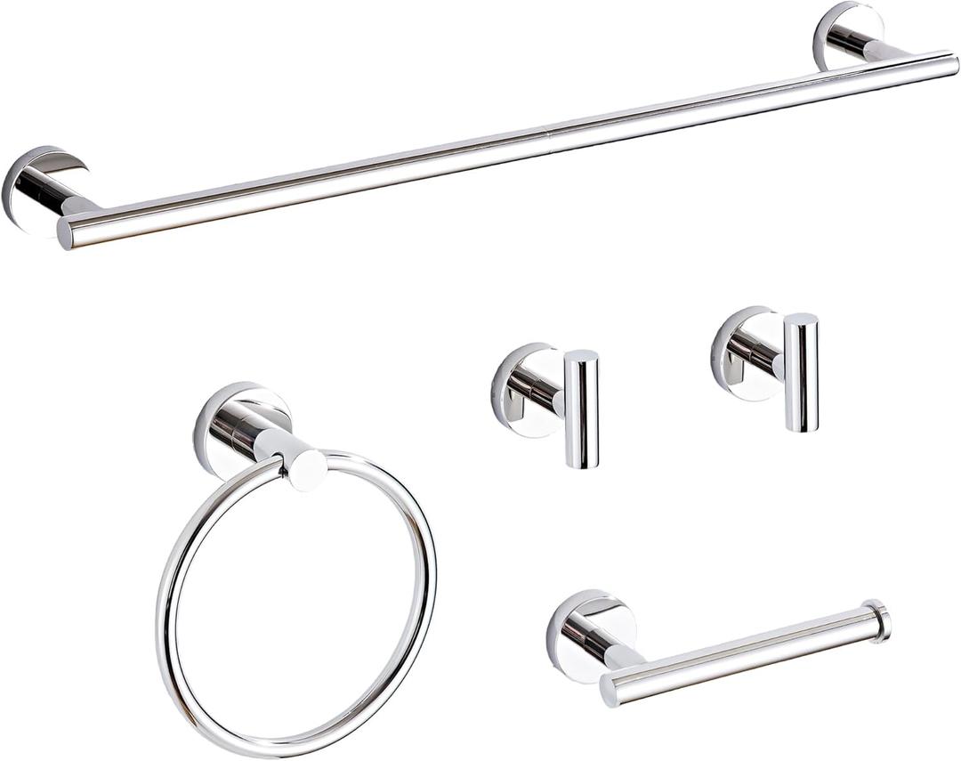 Chrome Bathroom Hardware Set 5 Piece with Towel Racks for Bathroom, SUS304 Stainless Steel Bath Towel Bar Set, 24 Inch Wall Mounted Accessories Kit