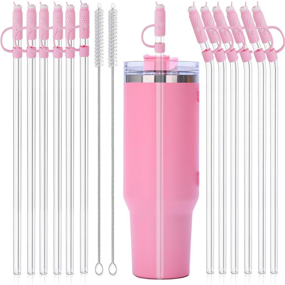 26PCS Reusable Clear Glass Straws Shatter Resistant Drinking Straw 6 Straight and 6 Bent with 12PCS Pink Straw Covers with Cleaning Brushes Environmentally Friendly For Smoothies Tea Juice12.2''x10 MM