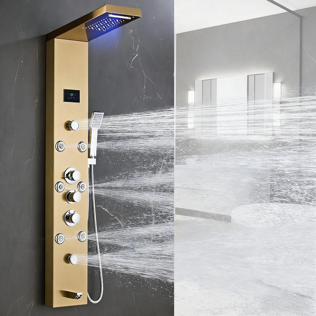 LED 5-in-1 Shower Panel Tower System,Brushed Gold | 304 Stainless Steel Shower Panel Tower Column with Powerful Body Jets, Rainfall, Waterfall,Handheld and Tub Spout
