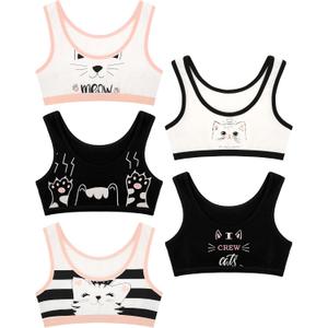 Donella Girls Training Bras - Soft Cotton Kids Sports Bra, 5 Pack Crop Tops, Kitten Prints, Age: 6-7