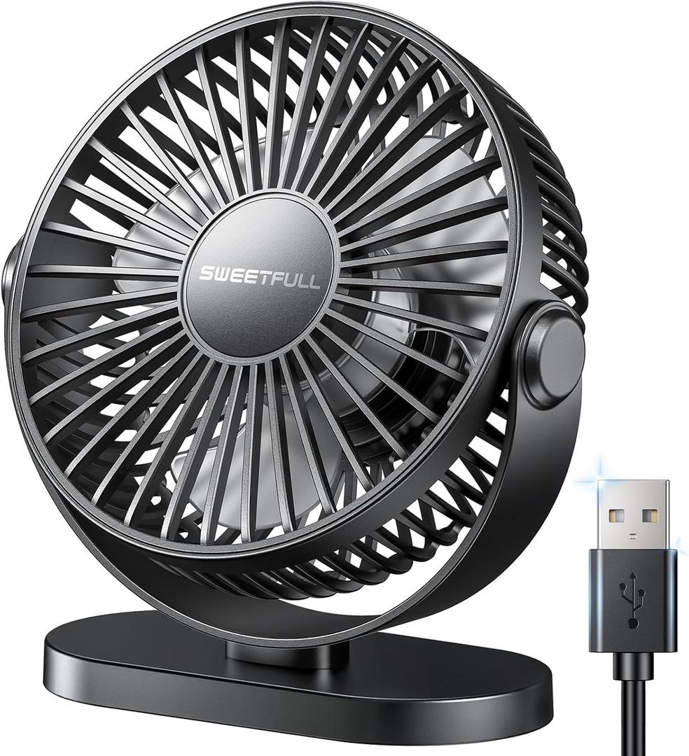SWEETFULL USB Desk Fan Small Quiet - 3 Speeds Mini Personal Portable Fan 360 Rotation Adjustable, 5.5 Inch Office Table Cooling Gadgets on Desktop (Black)