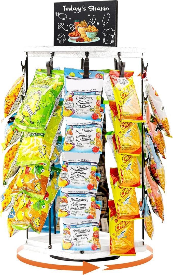 Pinzoveco Chip Rack Display Stand, 5 Tiers 40 Clips Snack Organizer for Office Desk, 360 Rotating Wooden Base Chip Holder Candy Display for Concession Stand, Countertop, Party, With Message Board (White)