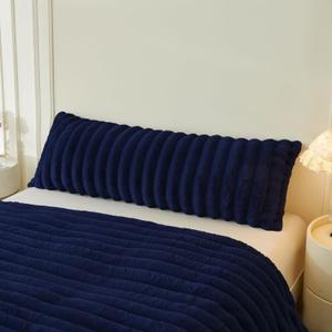 MEGO Fluffy Faux Rabbit Fur Body Pillow Cover, Luxury Plush Fuzzy Striped 20x54 Bed Body Pillowcase, Shaggy Furry Ribbed Bedroom Long Pillow Case with Zipper for Pregnant Women Side Sleeper, Navy Blue