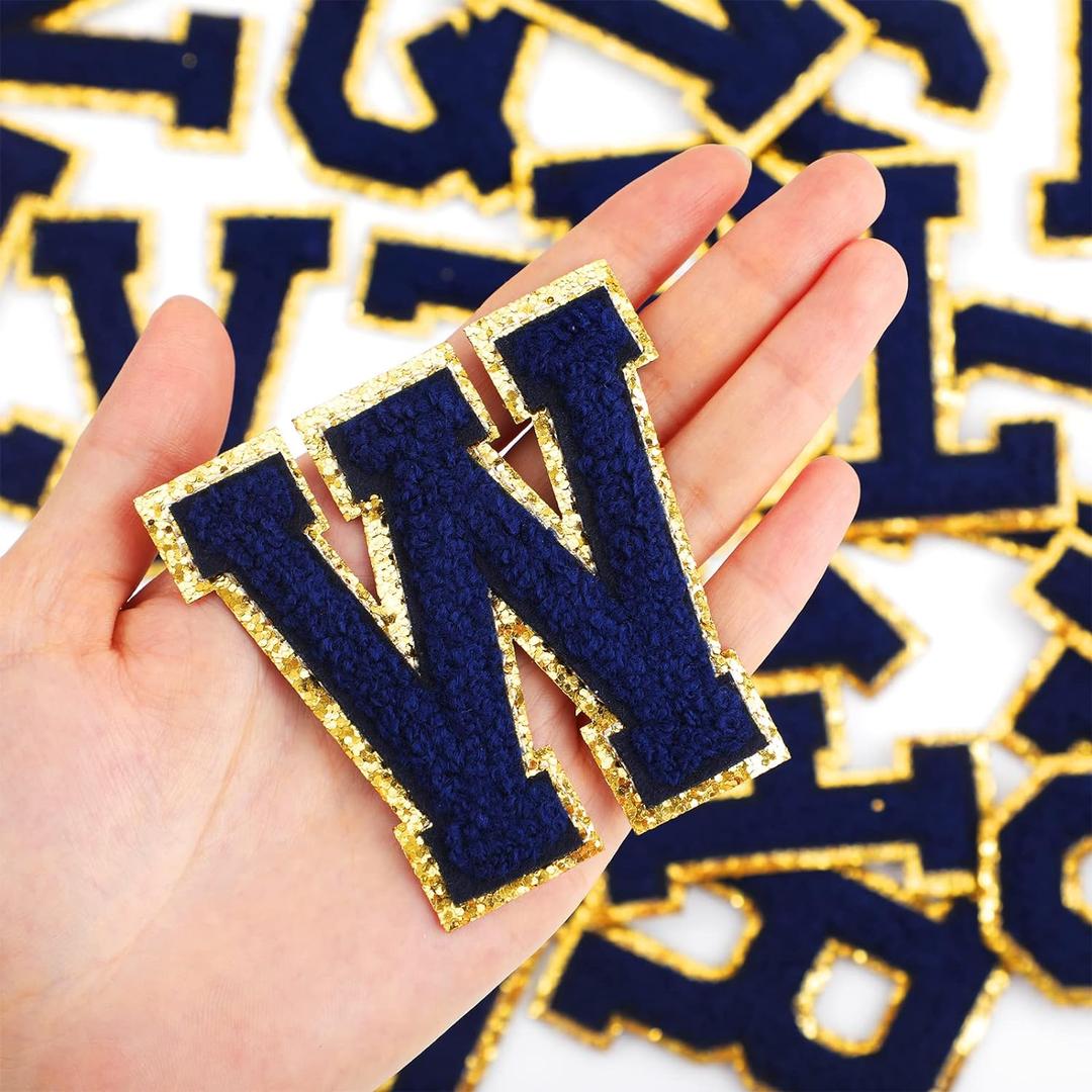 Waydress 26 Pcs Chenille Letter Iron on Patches 2.8 Inch Sew on Chenille A-z Alphabet Letter Patches for DIY Supplies(Retro Blue Style)
