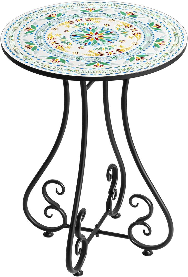Side Table, 16" Round End Table, Unique Relief Ceramic Tile Tabletop with Metal Frame, Metal Scrollwork Accent Table, Coffee Tea Table Nightstand for Living Room, Bedroom, Indoor Outdoor Use (16" Table, L4r1-natural Green)