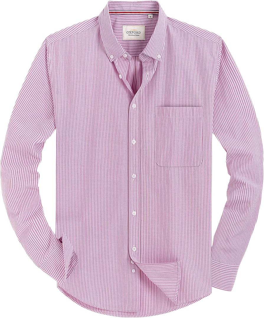 Alimens & Gentle Mens Solid Oxford Shirt Long Sleeve Dress Shirt Work Casual Button Down Shirts with Pocket (3X-Large, Striped-pink)