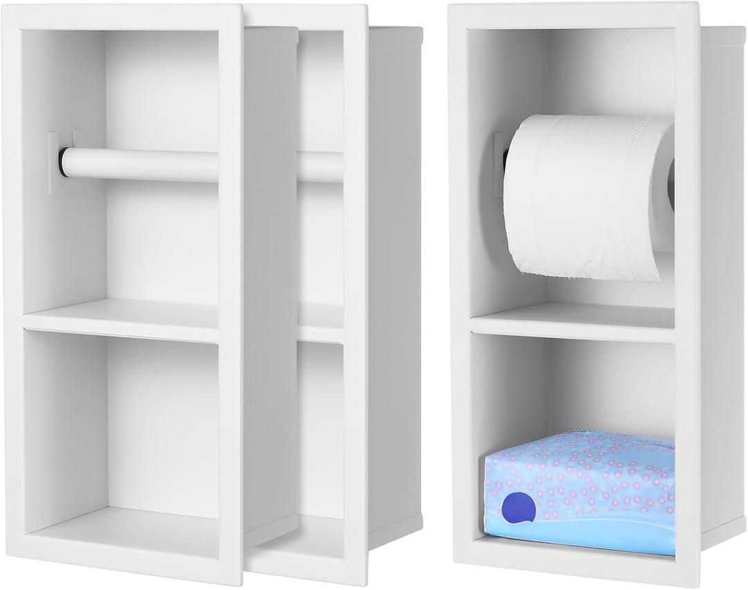 Honeydak Recessed Toilet Paper Holder 304 Stainless Steel Tissue Paper Holder Bathroom Storage in Wall Tissue Toilet Roll Frame Space Saving Restroom Napkin Frame(White,2 Pcs) (13.5 x 7 x 4'')