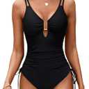 BMJL Women's Tummy Control Swimsuits Ruched One Piece Bathing Suit Double Straps Deep V Neck Drawstring Swimsuit (Medium, Black)