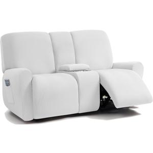 ULTICOR Jacquard Design Reclining Loveseat with Middle Console Slipcover, 8-Piece Stretch Sofa Covers, 2 seat Loveseat Recliner Cover, Washable (Ivory, Loveseat with Console Recliner Cover)