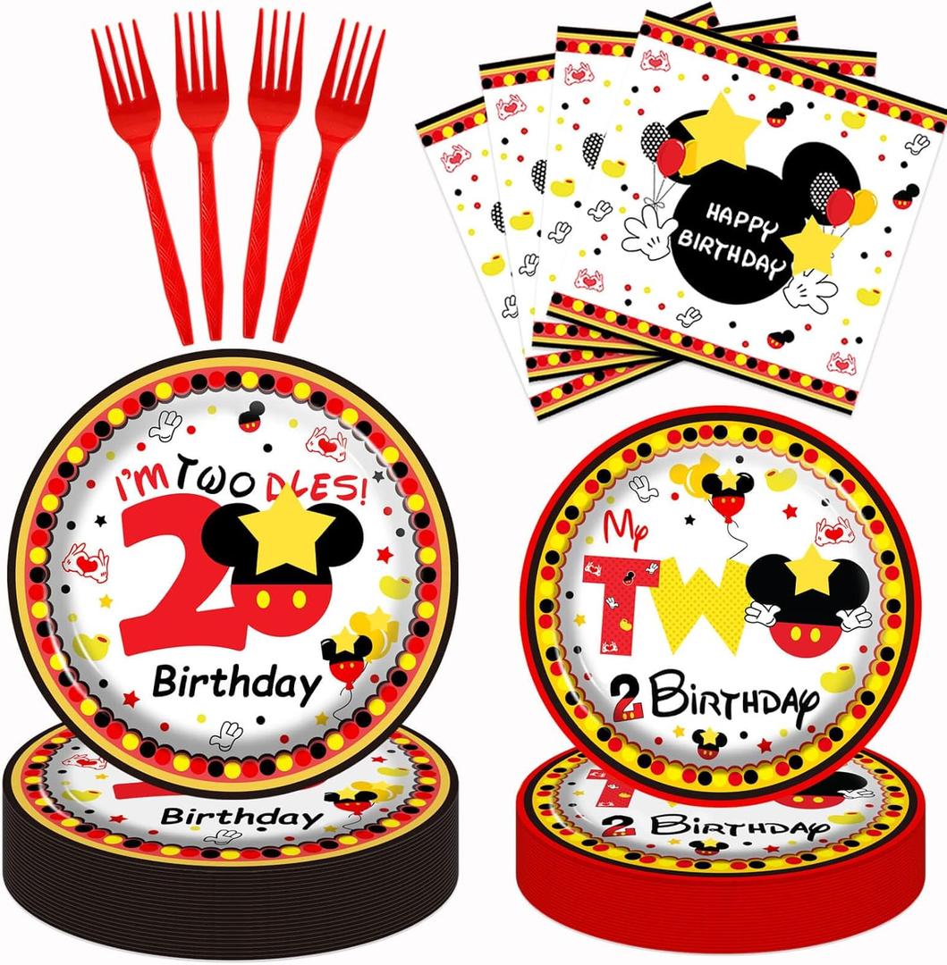 XXDecor 80 Pcs Red Cartoon 2nd Party Plates Twodles Dessert Plates Napkins Forks Tableware Kit for Boys 2nd Birthday Party Decorations Supplies - 20 Guests