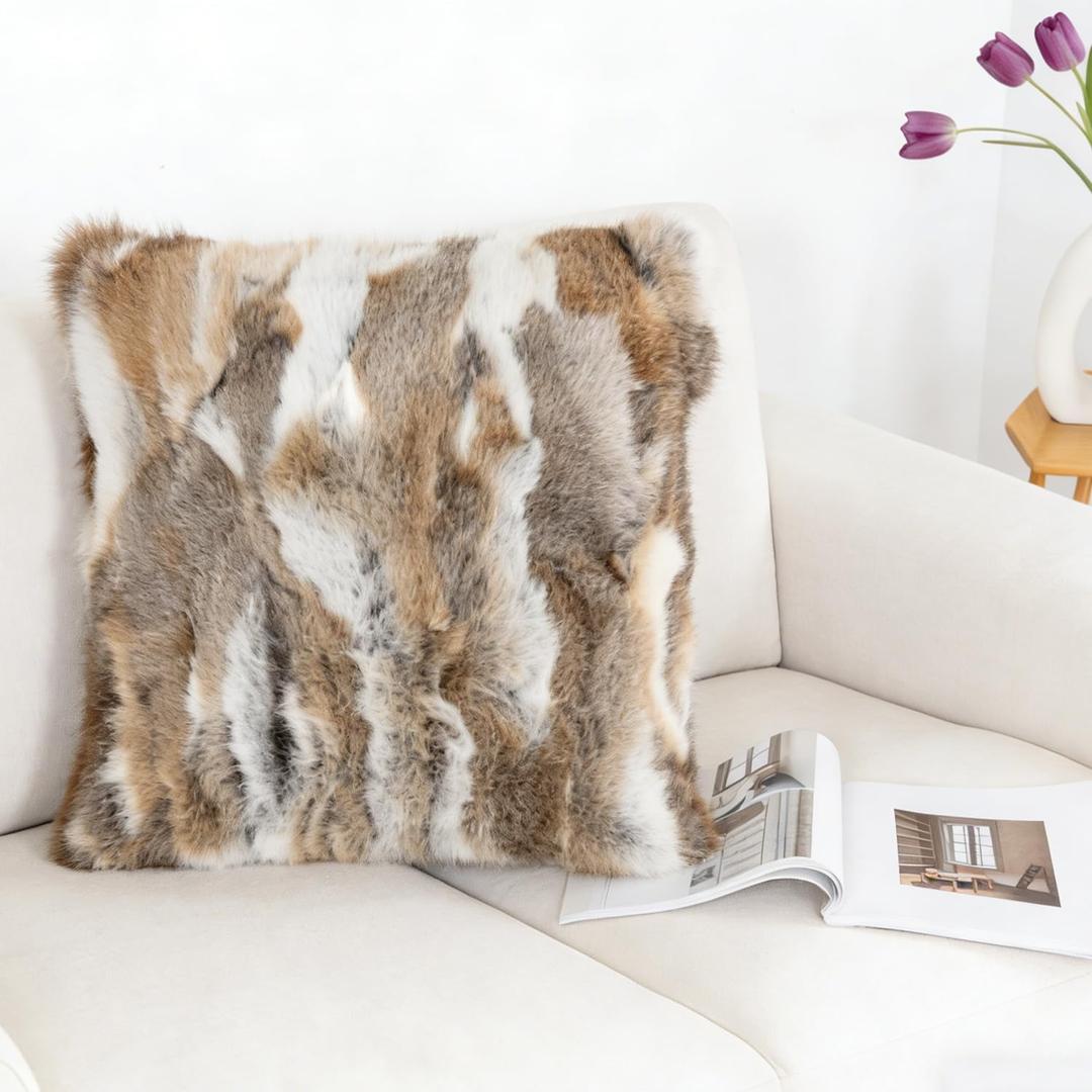 Rabbit Fur Throw Pillow Covers Neutral Decorative Pillowcase Soft Fluffy Plush Animal Skin 24"x24" Cushion Covers for Couch Sofa Bedroom Pillow Shell (Yellow)