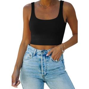 REORIA Womens Sexy Square Neck Double Lined Seamless Sleeveless Cropped Tank Yoga Crop Basic Tops (Large, 02-black)