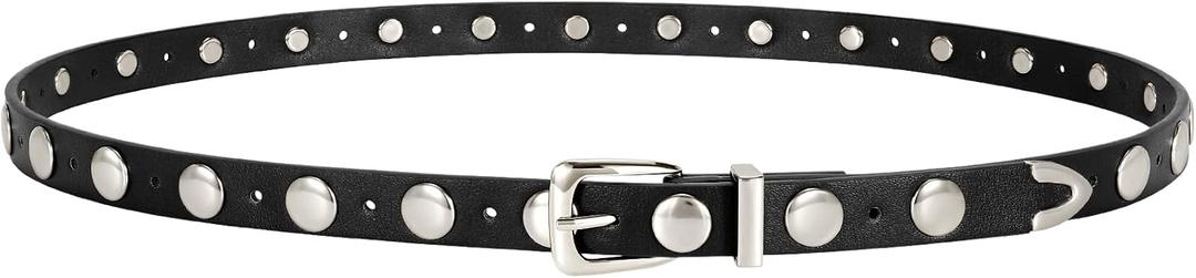 JASGOOD Women Studded Belt Skinny Leather Belt Ladies Thin Waist Belt Fashion Leather Belt for Jeans Pants Dress | 24"-27"