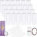 YOUKE OLA 24 Pack Sublimation Tumblers Straight Skinny Blanks 20oz for Heat Transfer, Individual Gift Boxed, Double Wall Insulated Tumbler with Shrink Wrap Films & Heat Tape & Straws, White, 24 Count