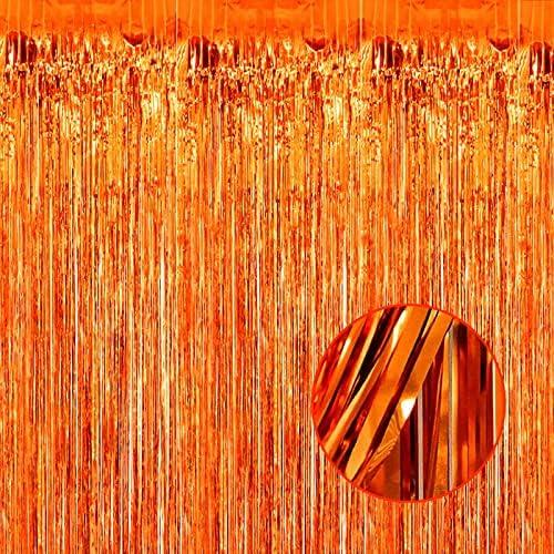 HalloweenDecorate 3 Pack Orange Foil Fringe Curtain Backdrop, 3.28Ftx8.2Ft Metallic Tinsel Foil Fringe Streamers Curtains for Party, Photo Booth Props, Birthday, 2022 Mother's Day Decoration Supplies